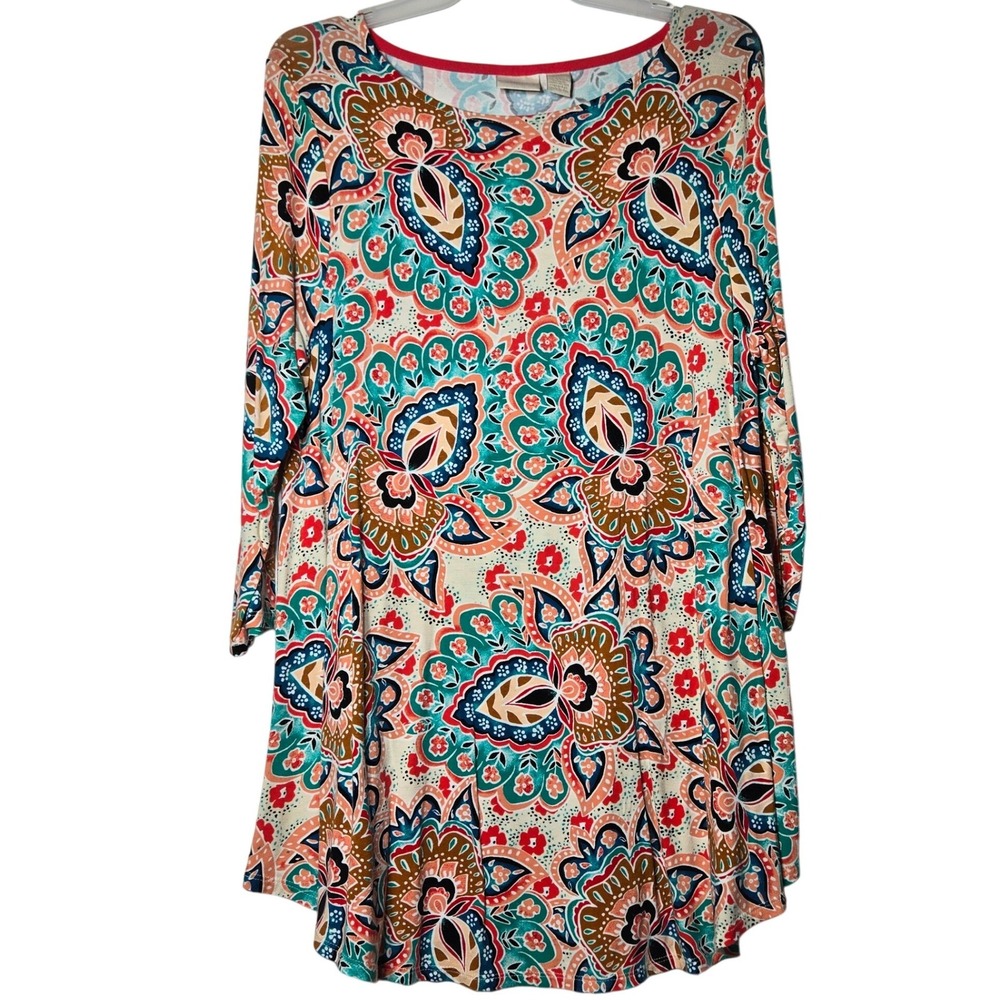 Chicos‎ Womens Paisley Floral 3/4 Sleeve Tunic Top 1 Medium Boho Stretch Resort